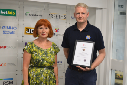 Sara Williams, Chief Executive Officer, Staffordshire Chambers and Mike Ward, Swietelsky with a Patronage Certificate