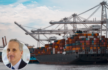 Declan Riddell headshot inset into an image of a cargo ship with containers