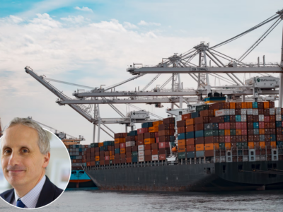 Declan Riddell headshot inset into an image of a cargo ship with containers