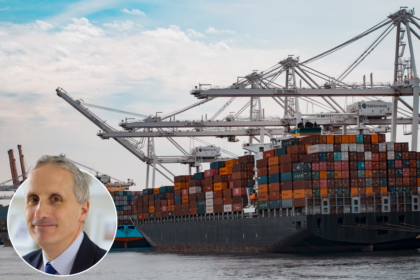 Declan Riddell headshot inset into an image of a cargo ship with containers