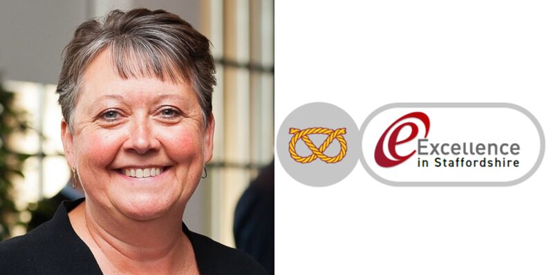 Picture of a woman smiling next to a logo of Excellence in Staffordshire.