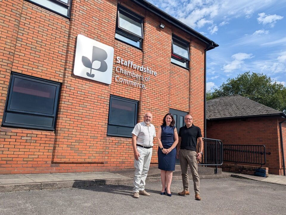Picture of 3 people outside the Staffordshire chambers of commerce building.