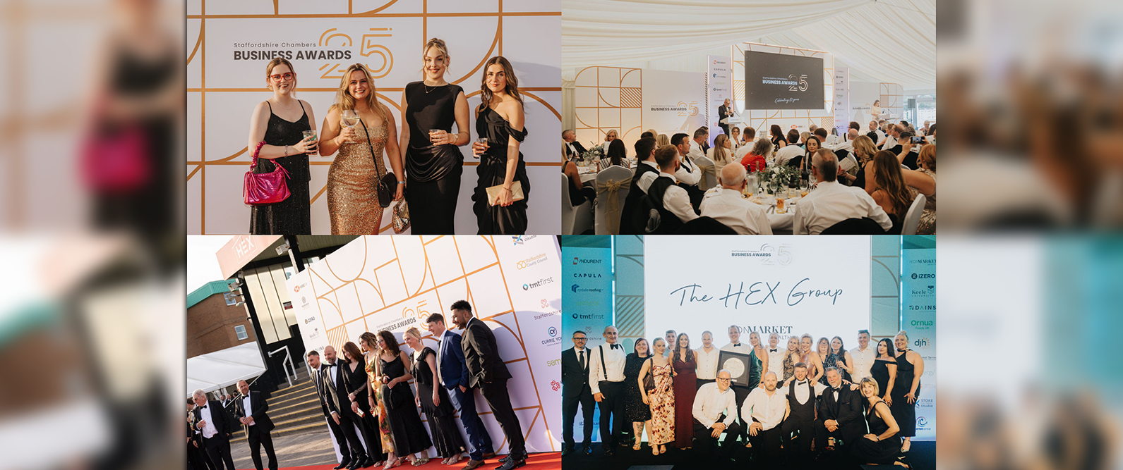 Picture of different businesses on stage getting their awards, at business awards 2025.