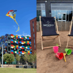 Picture of Smithfield building and another photo of some deck chairs next to this building.