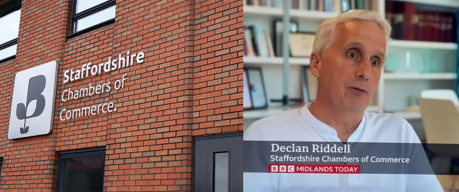 Picture of Staffordshire chambers of commerce building and also of Declan Riddell, on BBC midlands, at Staffordshire chambers of commerce.