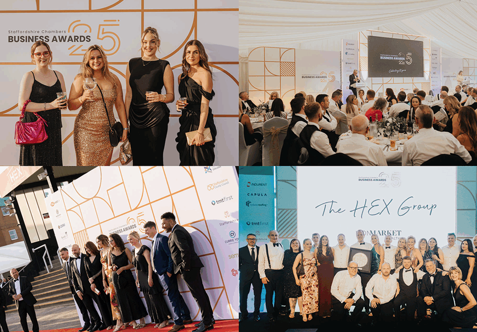 Picture of different businesses on stage getting their awards, at business awards 2025.