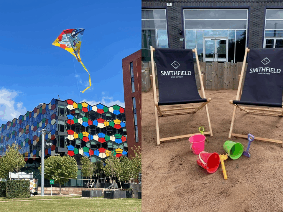 Picture of Smithfield building and another photo of some deck chairs next to this building.