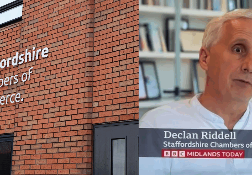 Picture of Staffordshire chambers of commerce building and also of Declan Riddell, on BBC midlands, at Staffordshire chambers of commerce.