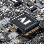 Picture of an AI chip on a Black, white and gold motherboard.