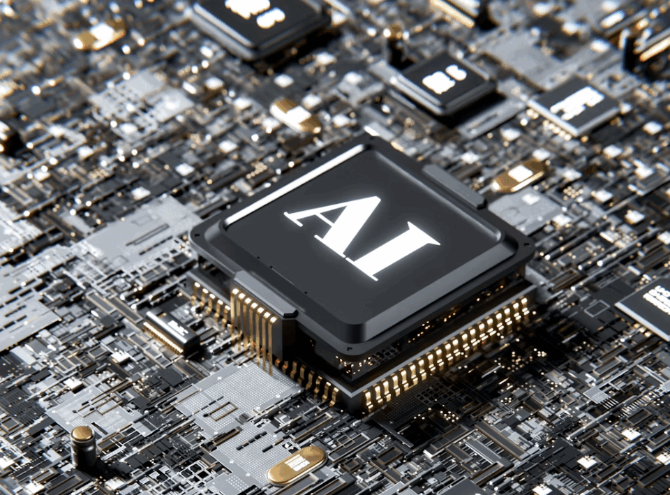 Picture of an AI chip on a Black, white and gold motherboard.