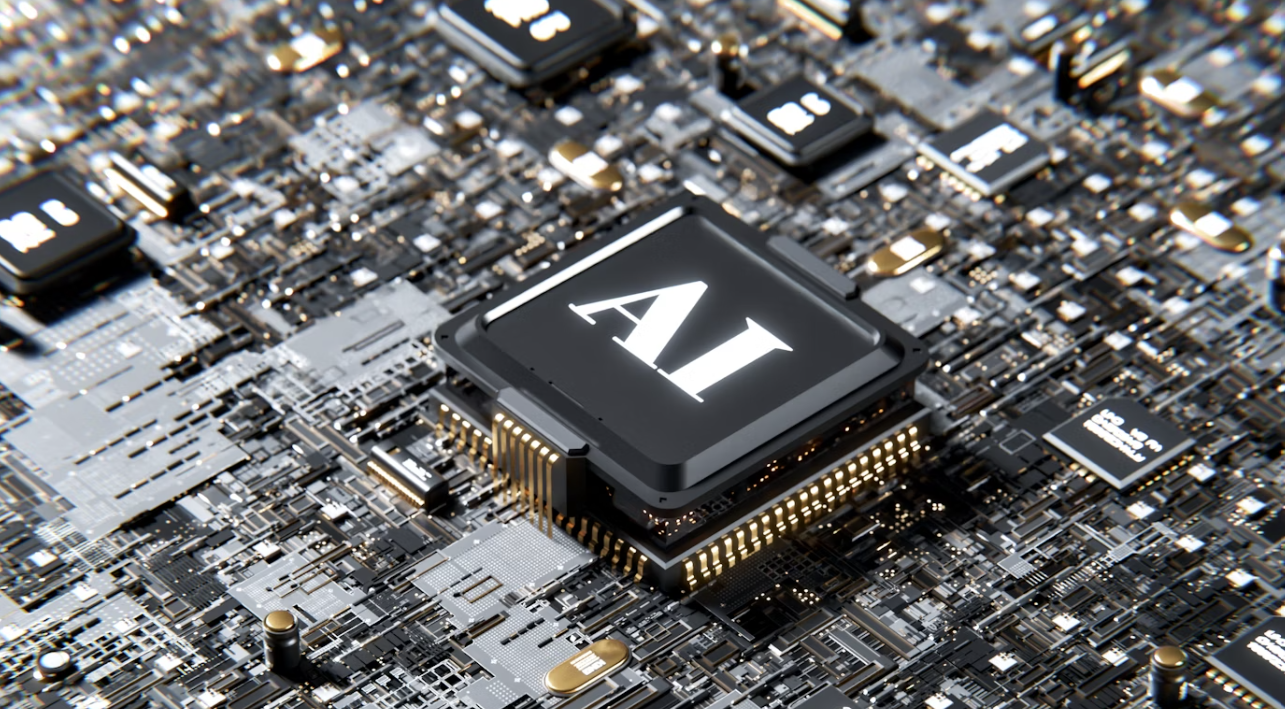 Picture of an AI chip on a Black, white and gold motherboard.
