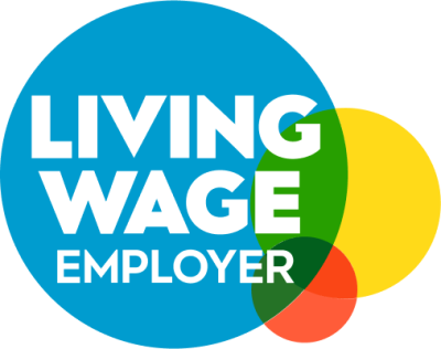 Picture of 3 coloured circles, with "Living Wage Employer".