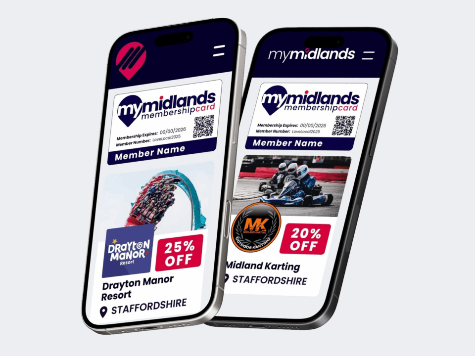 Photo of two phones promoting 20% of a my midlands membership card.