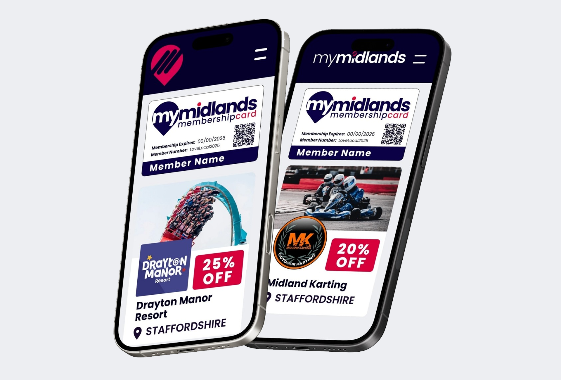Photo of two phones promoting 20% of a my midlands membership card.