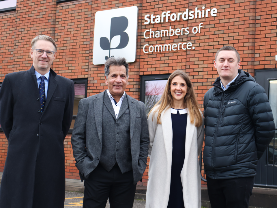 Deputy Chief Executive Tom Nadin stood outside the Staffordshire Chambers building with 1 woman and 2 men.